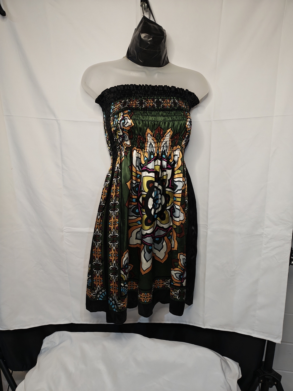 Green Strapless Floral Smocked Dress